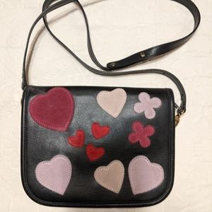 ANN MASHBURN Black Leather Crossbody with Pink, Red & Cream Heart Appliqués